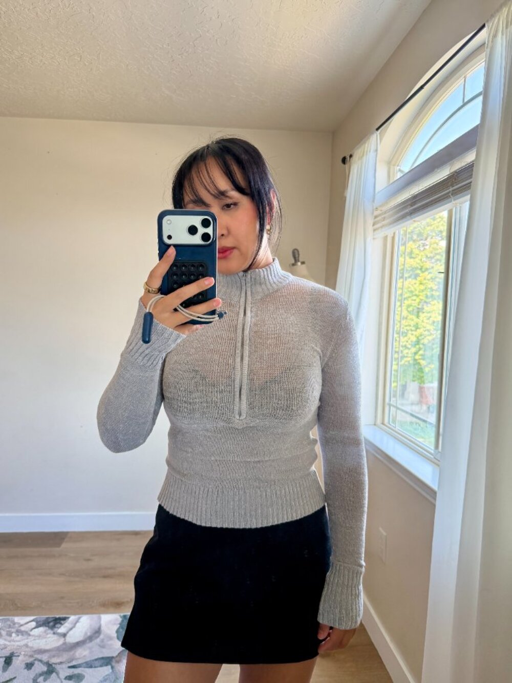 Y2K Half Zip Sheer Sweater | Vintage Light Grey Mock Neck | Shimmer Knit Top | L